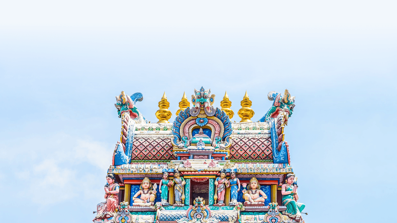 An ornately carved and painted South Indian temple gopuram
